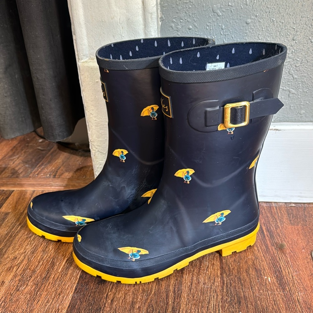 Joules Navy Rain Boots with Yellow Umbrella Design